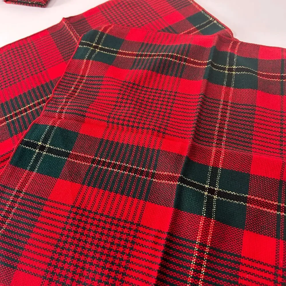 Vintage Red Green Plaid Table Runner & 5 Napkins Set Tartan Christmas Decor